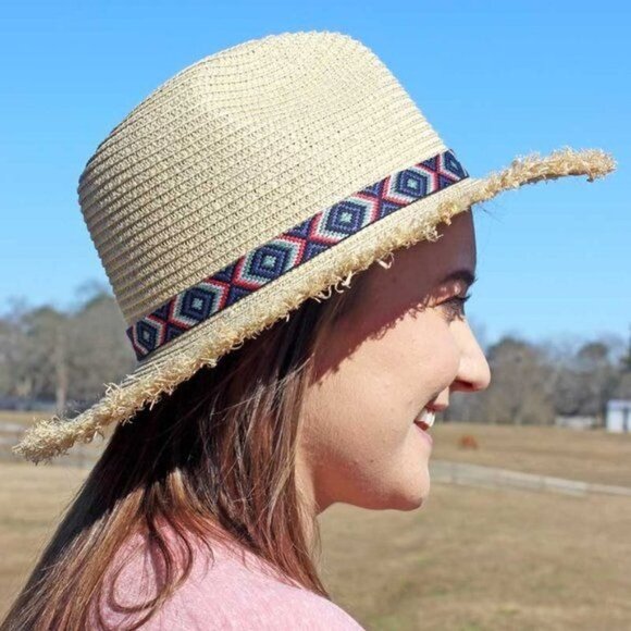 Pinch Front Straw Fedora Sun Hat Natural Southwestern Band OS NWT - Picture 2 of 2